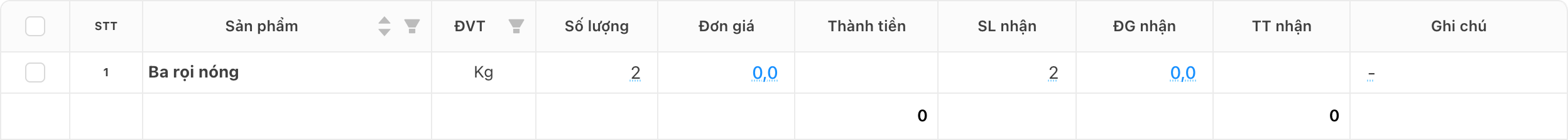 Ví dụ: dòng mặt hàng có Đơn giá và ĐG nhận đang = 0 (trống).